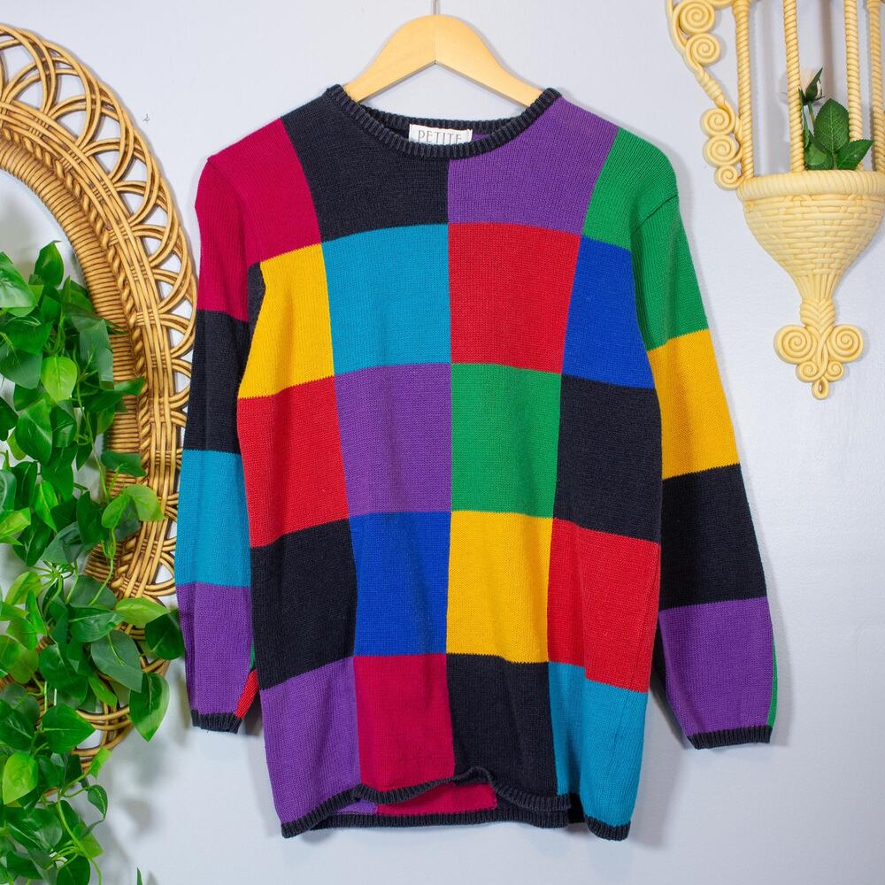 VTG 90s Colorblock Patchwork Sweater Geometric Grid Statement Knit Bright Winter